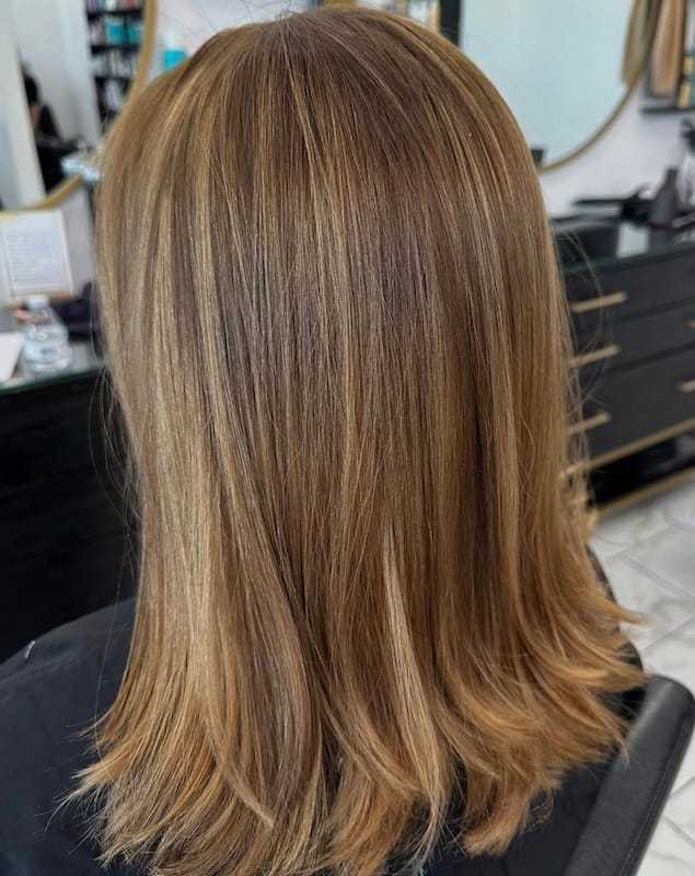 Medium-length brown hair with subtle highlights, styled straight in a salon setting.
