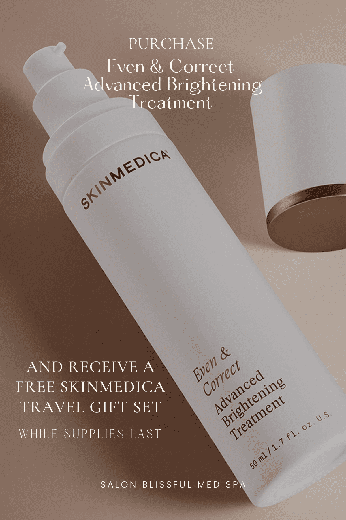 SkinMedica Even & Correct treatment bottle and offer for a free travel gift set.