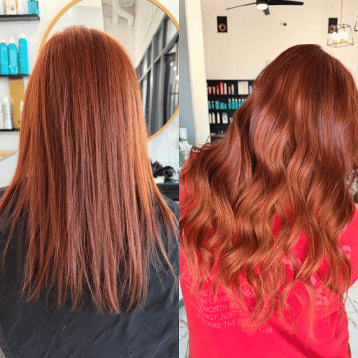 Red hair transformation from straight to wavy, showcasing salon styling results.